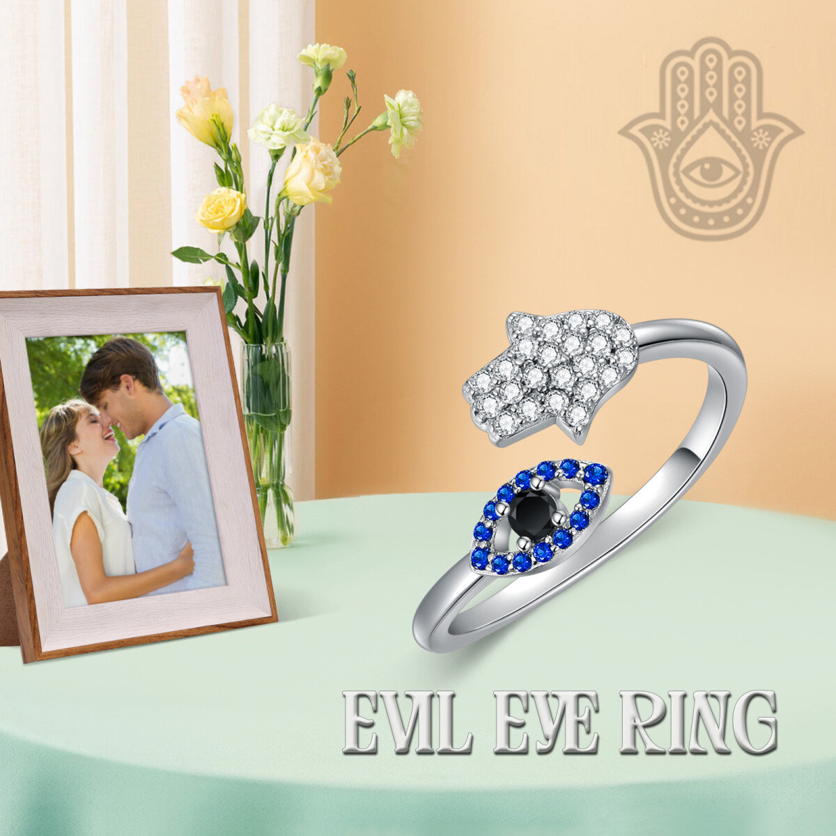 Sterling Silber Cubic Zirkonia Evil Eye & Hamsa Hand Open Ring-6