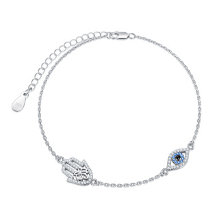 Sterling Silver Cubic Zirconia Evil Eye & Hamsa Hand Pendant Bracelet-2