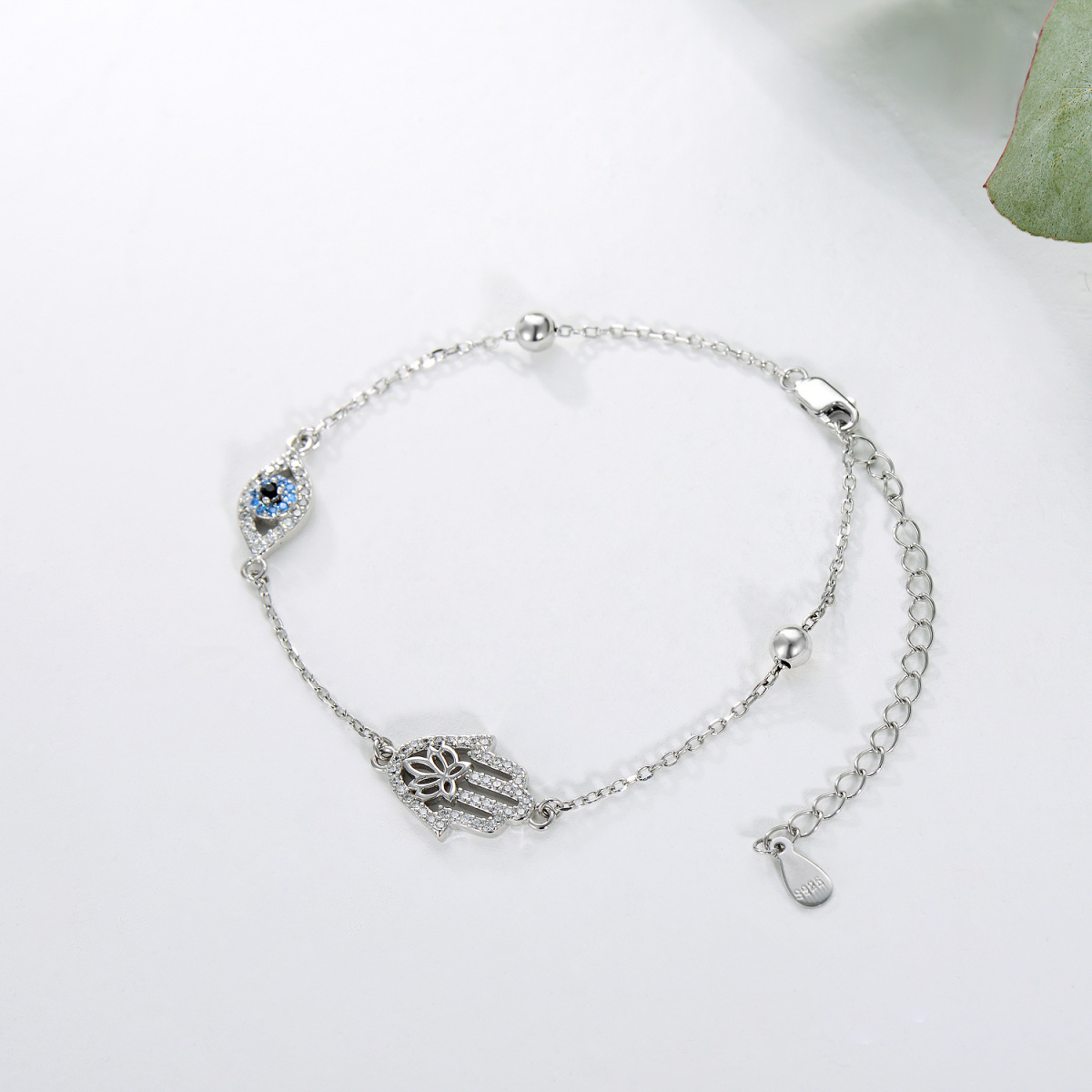 Sterling Silver Cubic Zirconia Evil Eye & Hamsa Hand Charm Bracelet-3