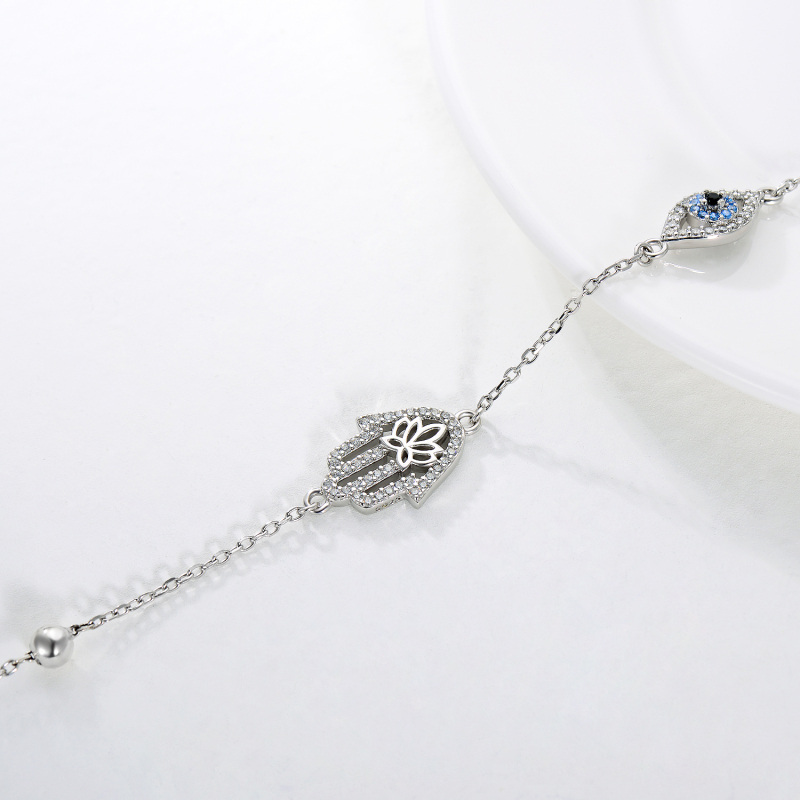 Sterling Silver Cubic Zirconia Evil Eye & Hamsa Hand Charm Bracelet-4