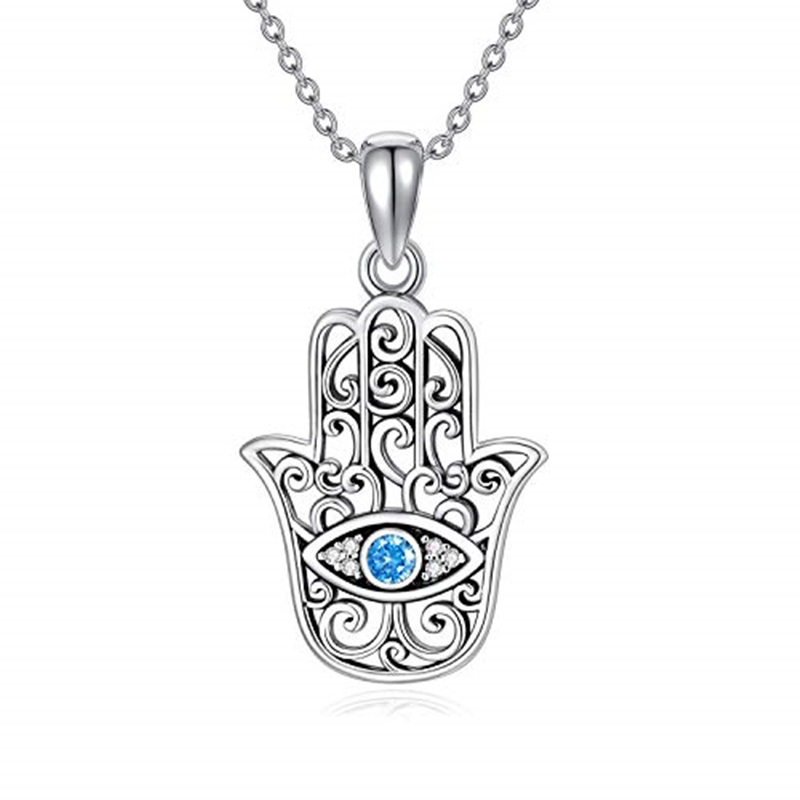 Srebrny naszyjnik z cyrkoniami Evil Eye i zawieszką Hamsa na rękę-1