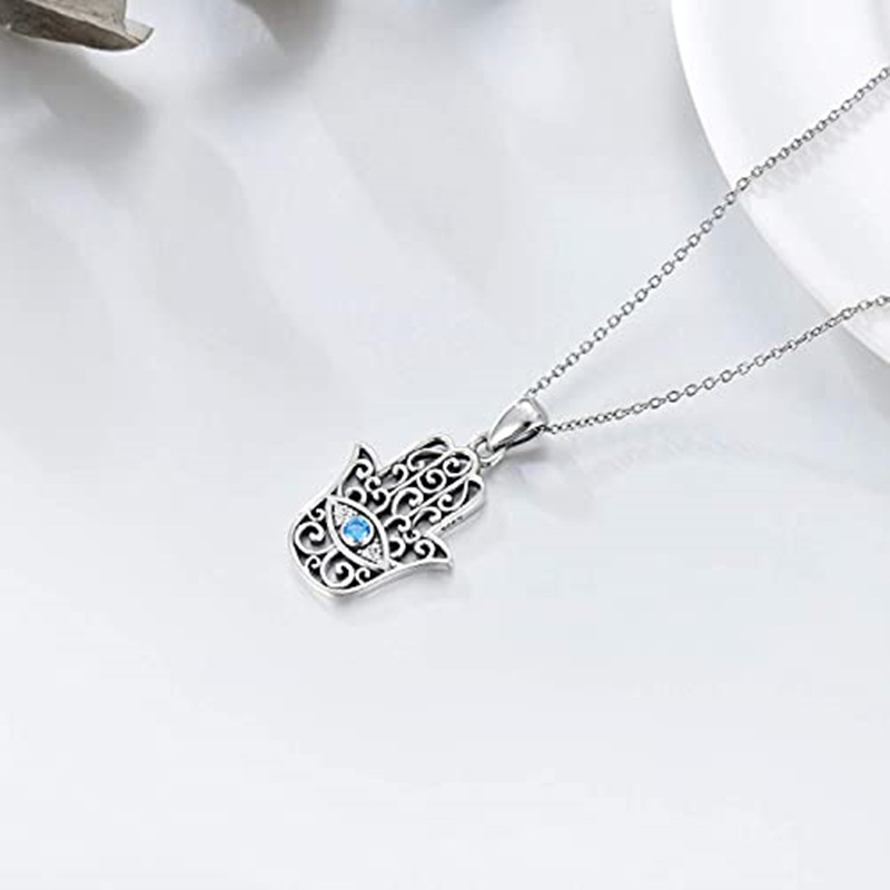 Collar de plata de ley con circonita cúbica y mal de ojo y colgante de mano Hamsa-3