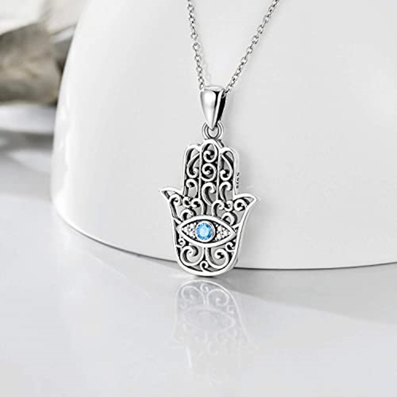 Sterling Silver Cubic Zirconia Evil Eye & Hamsa Hand Pendant Necklace-4