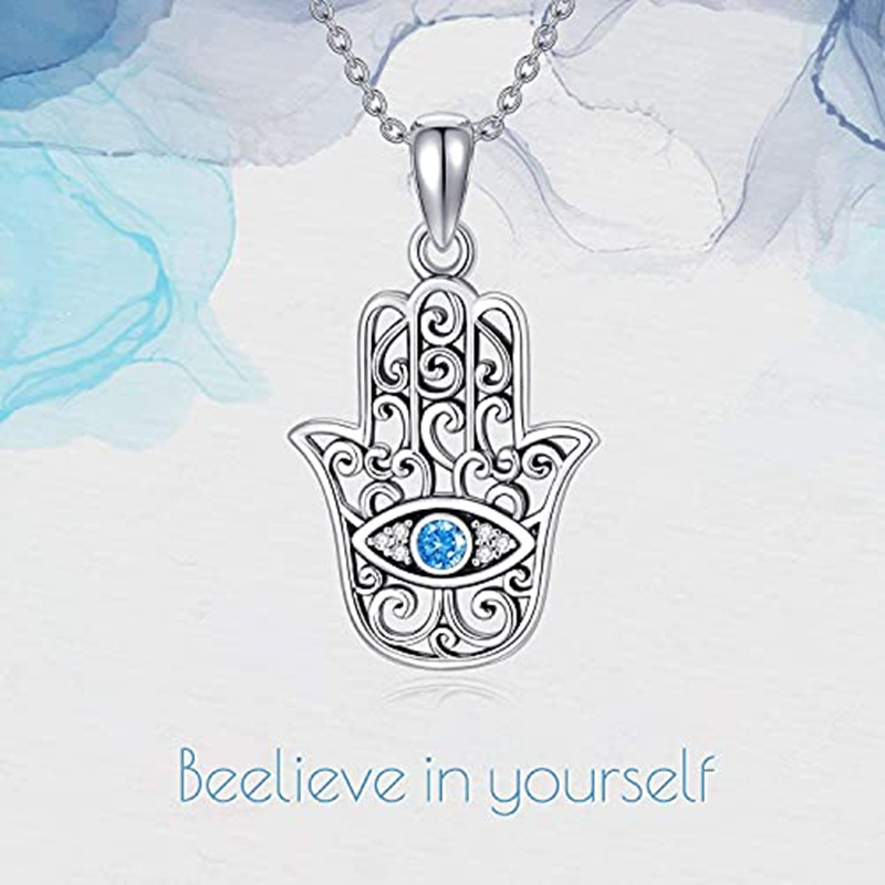 Collier en argent sterling avec pendentif Oeil maléfique et main Hamsa en zircon cubique-5