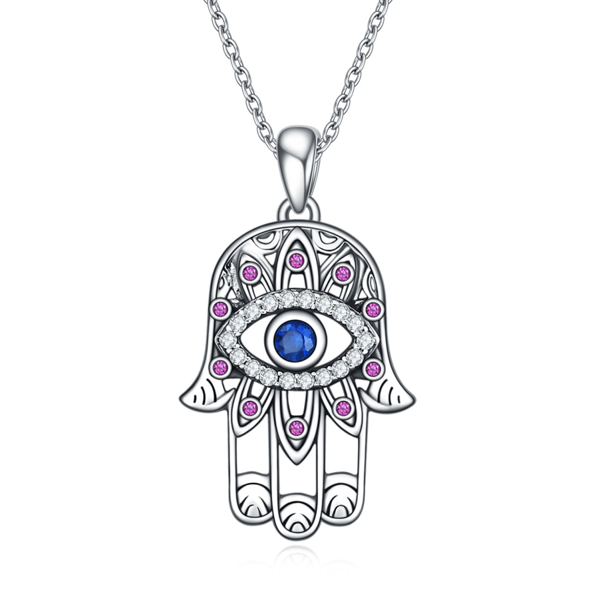 Srebrny naszyjnik Evil Eye & Hamsa z zawieszką w kształcie ręki-1