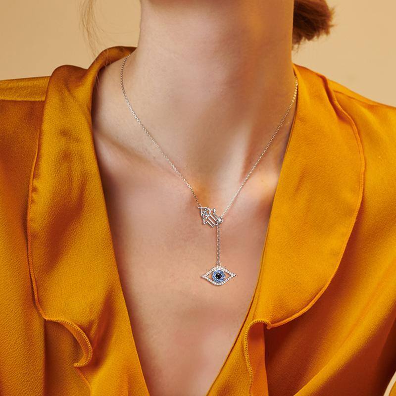 Sterling Silver Cubic Zirconia Evil Eye & Hamsa Hand Pendant Y-Necklace-2
