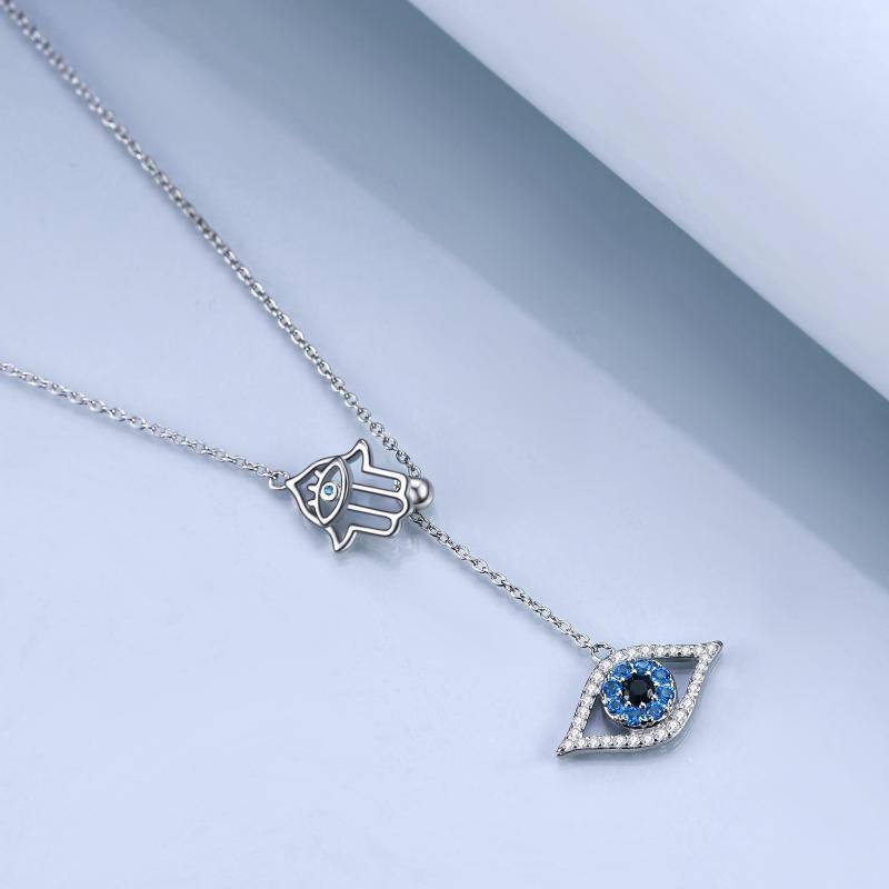 Sterling Silver Cubic Zirconia Evil Eye & Hamsa Hand Pendant Y-Necklace-3