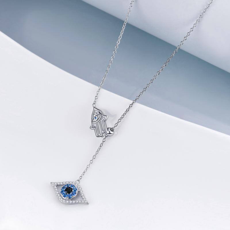 Sterling Silver Cubic Zirconia Evil Eye & Hamsa Hand Pendant Y-Necklace-4