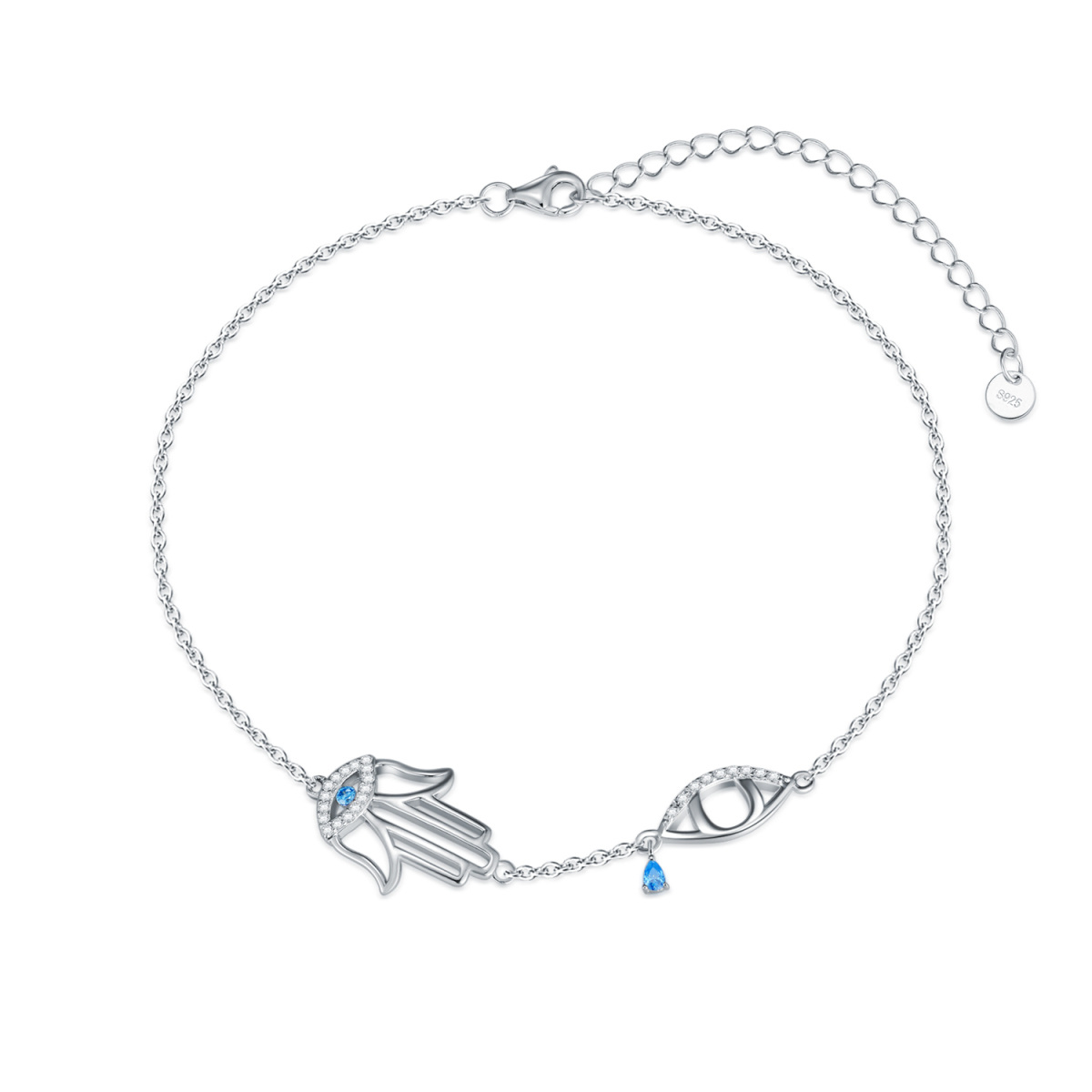 Sterling Silver Cubic Zirconia Evil Eye & Hamsa Hand Single Layer Anklet-1