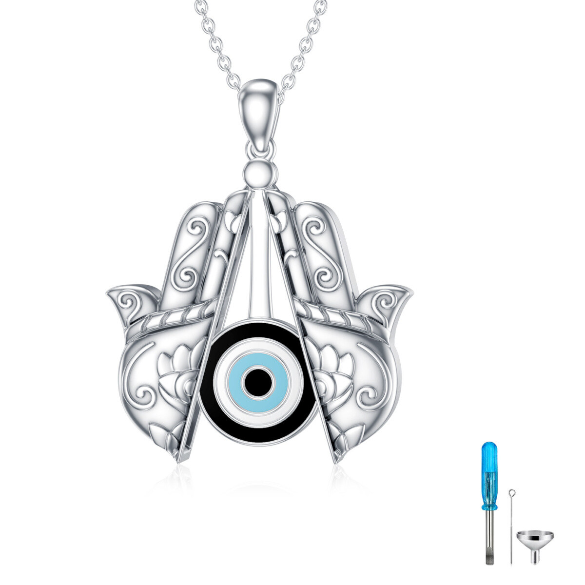 Collier en argent sterling avec urne en forme d'œil maléfique et de main Hamsa-1