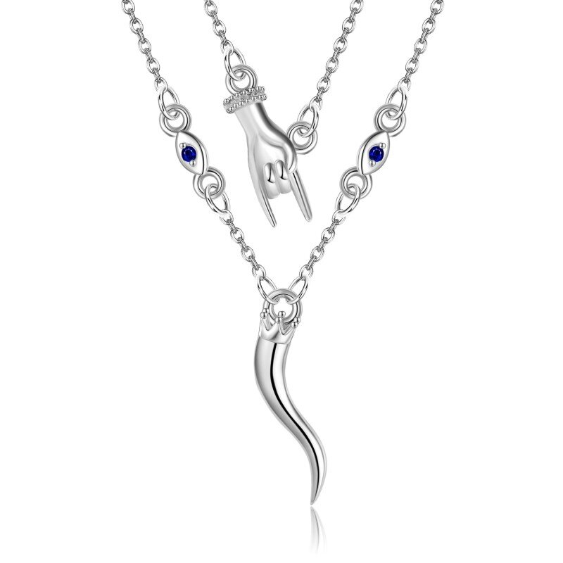 Sterling Silver Cubic Zirconia Evil Eye & Italian Horn Layered Necklace-14