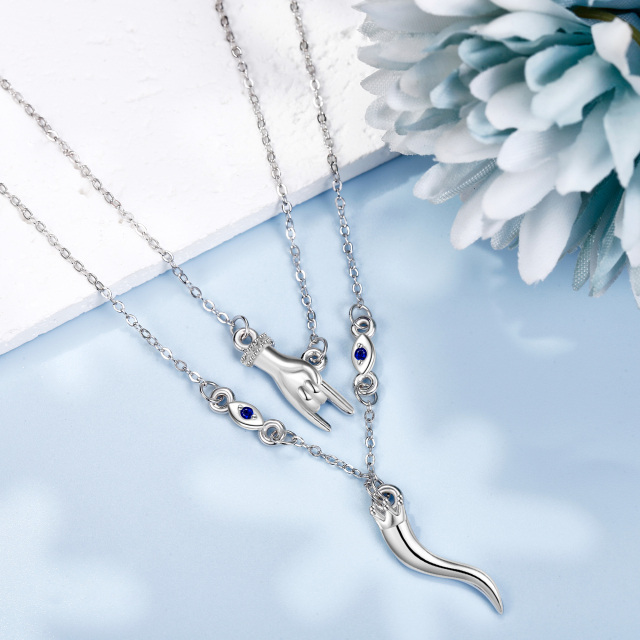 Collana a strati in argento sterling con zirconia cubica, malocchio e corno italiano-3