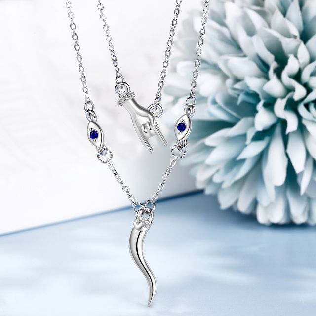 Collana a strati in argento sterling con zirconia cubica, malocchio e corno italiano-4