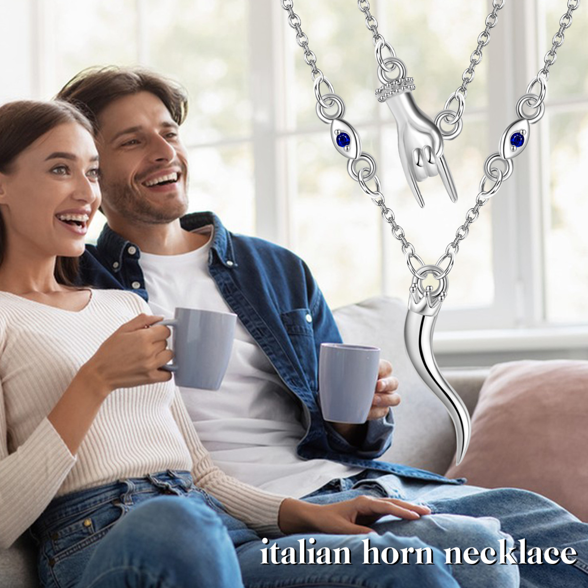 Collana a strati in argento sterling con zirconia cubica, malocchio e corno italiano-5