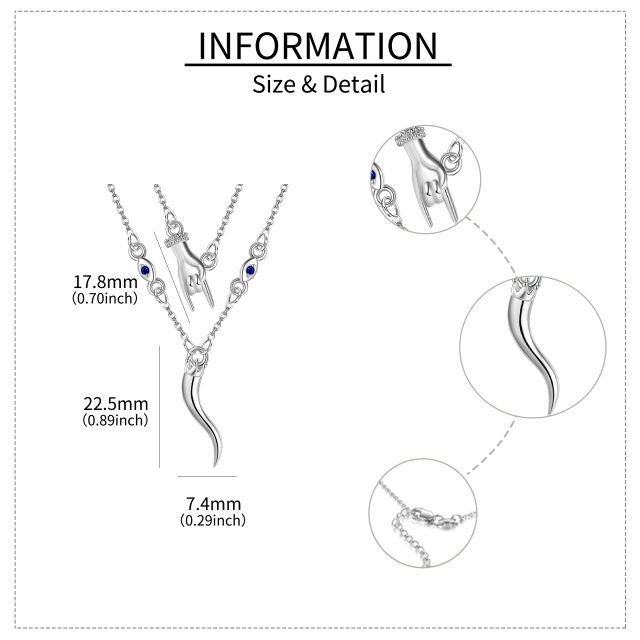 Collar en capas de plata de ley con zirconia cúbica, mal de ojo y cuerno italiano-6