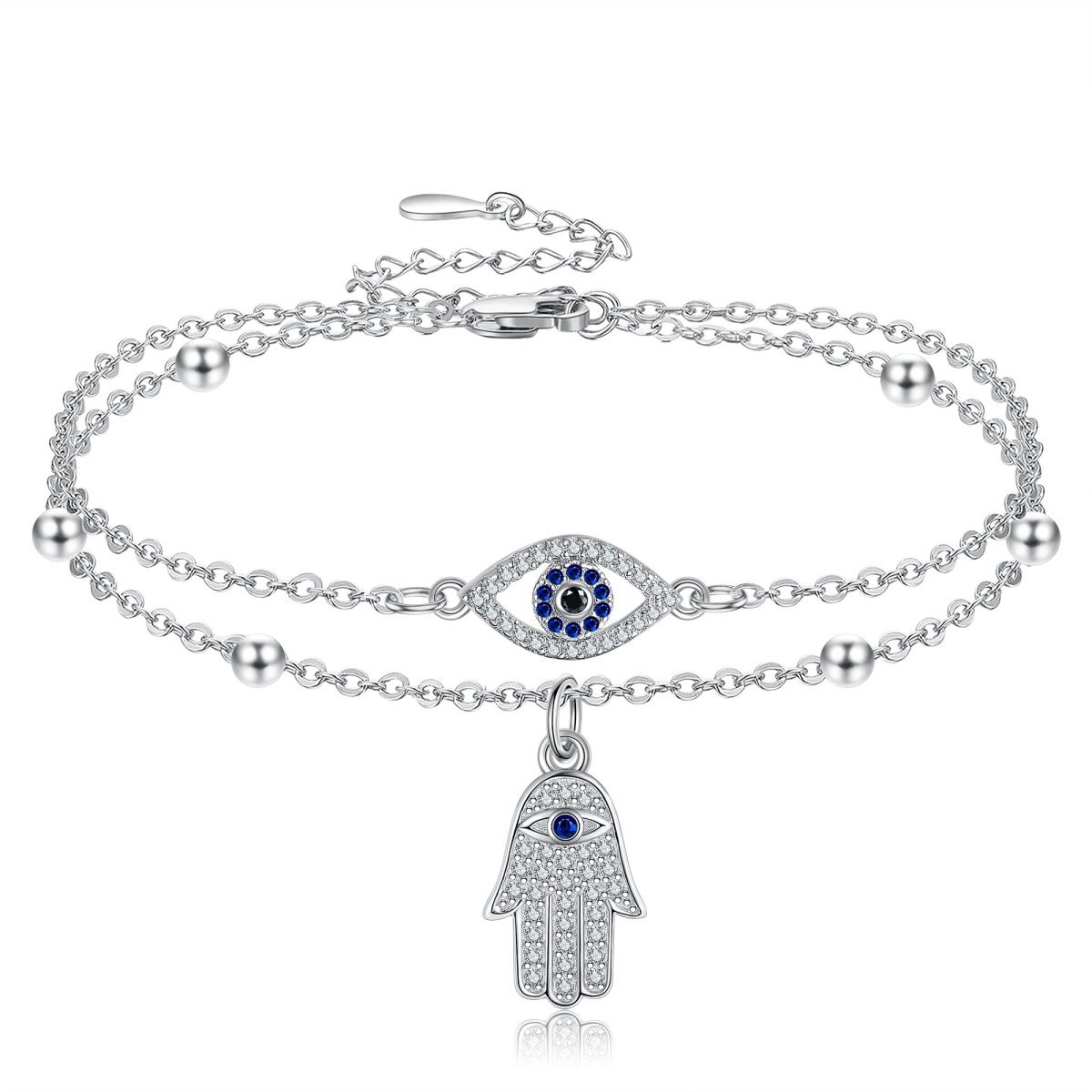 Sterling Silver Cubic Zirconia Evil Eye Layerered Bracelet-1