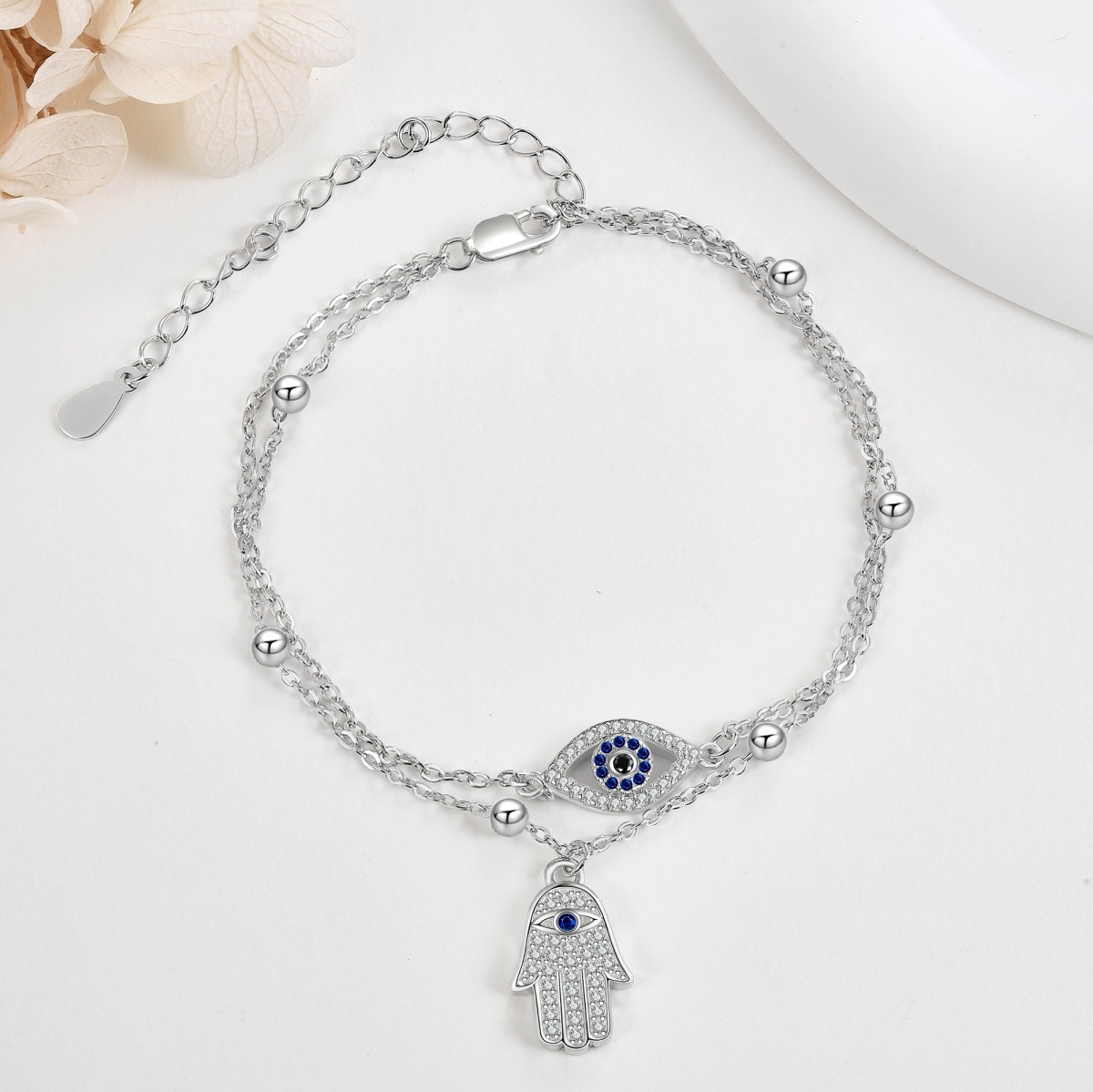 Sterling Silver Cubic Zirconia Evil Eye Layerered Bracelet-4