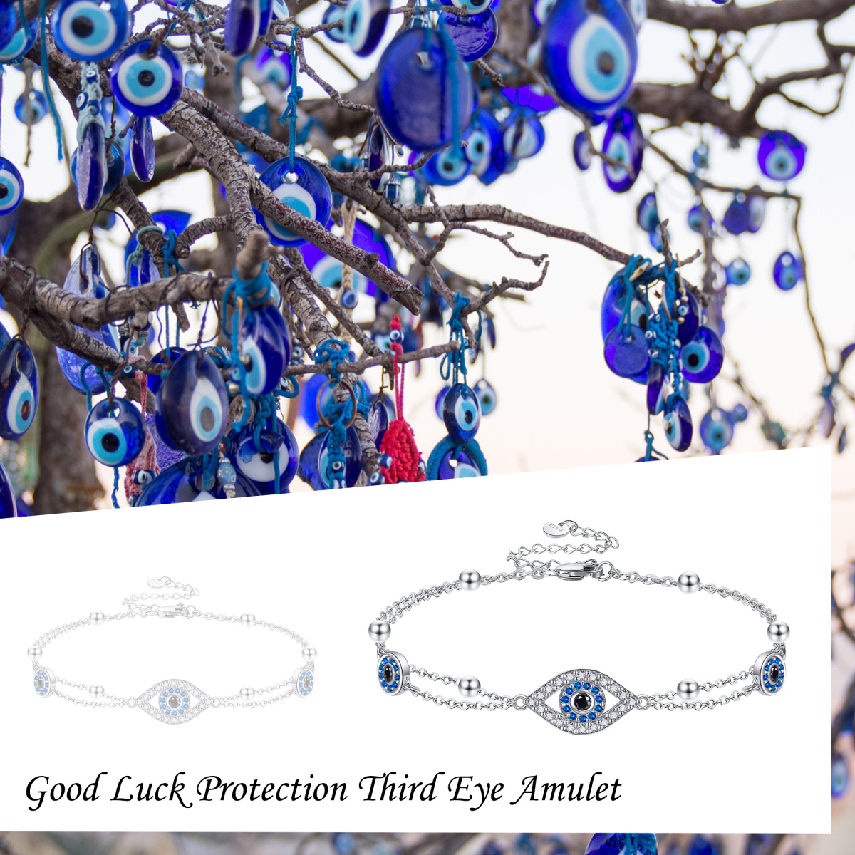 Sterling Silver Cubic Zirconia Evil Eye Layerered Bracelet-6