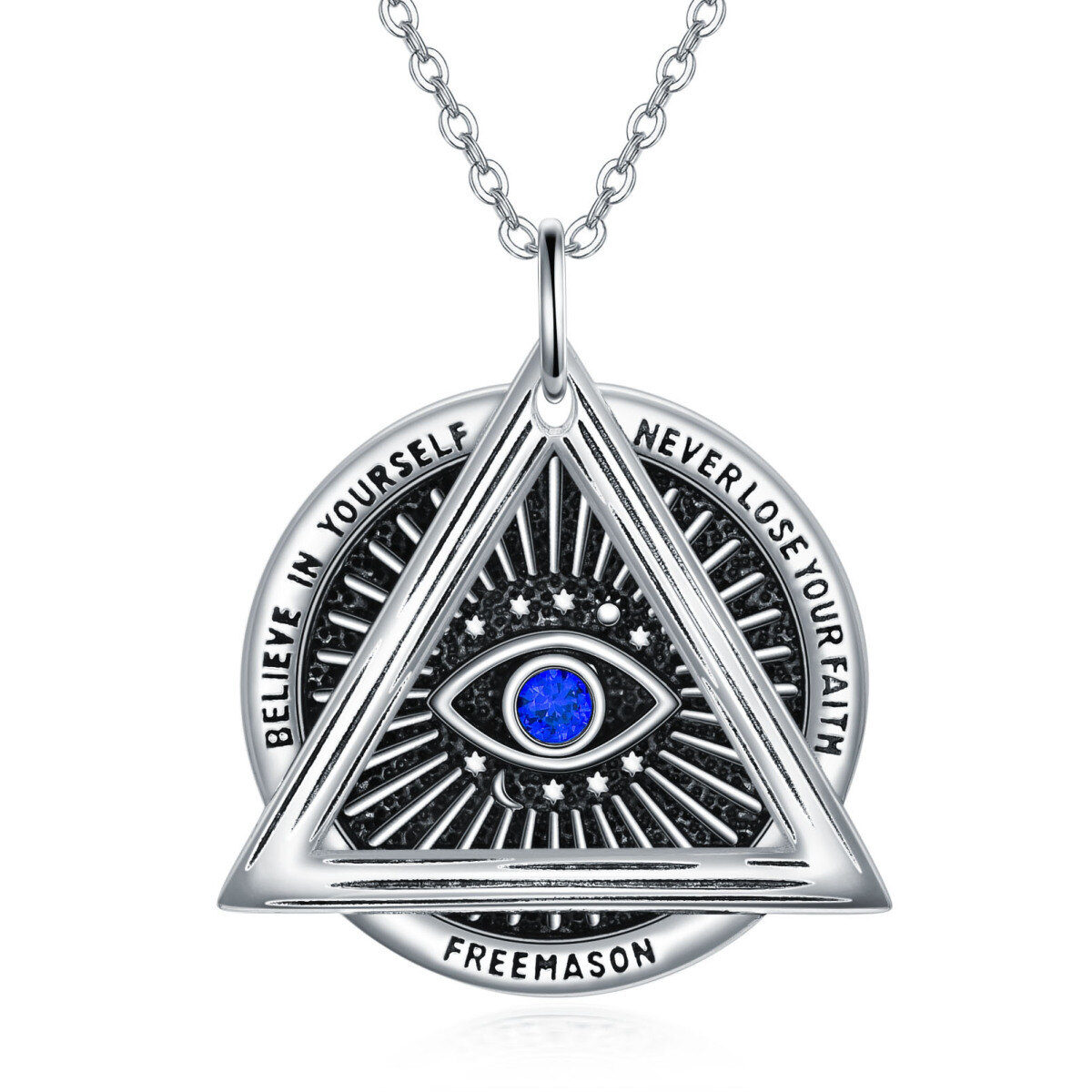 Sterling Silver Cubic Zirconia Evil Eye With Masonic Symbol Triangle Pendant Necklace For Women-1