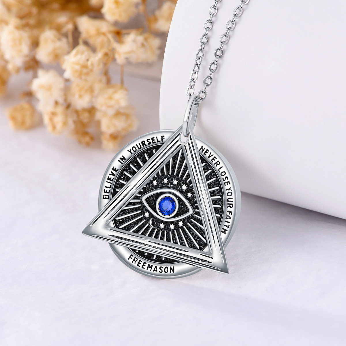 Sterling Silver Cubic Zirconia Evil Eye With Masonic Symbol Triangle Pendant Necklace For Women-3