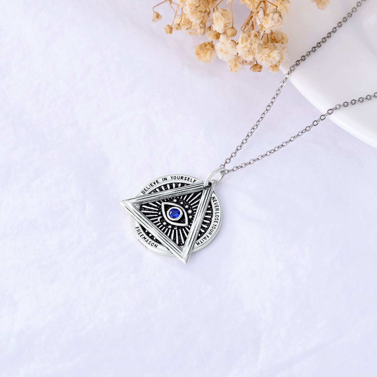 Sterling Silver Cubic Zirconia Evil Eye With Masonic Symbol Triangle Pendant Necklace For Women-4