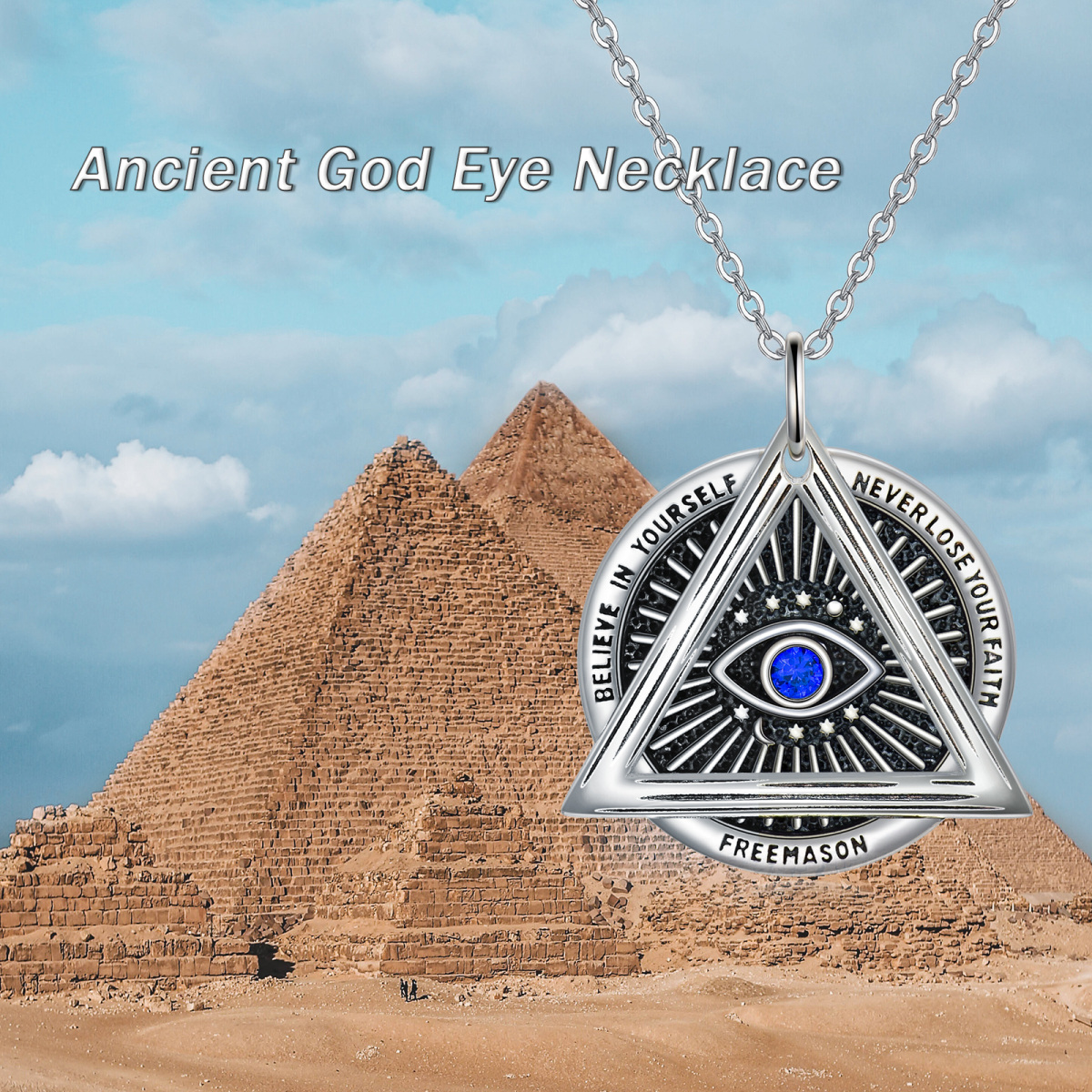 Sterling Silver Cubic Zirconia Evil Eye With Masonic Symbol Triangle Pendant Necklace For Women-6