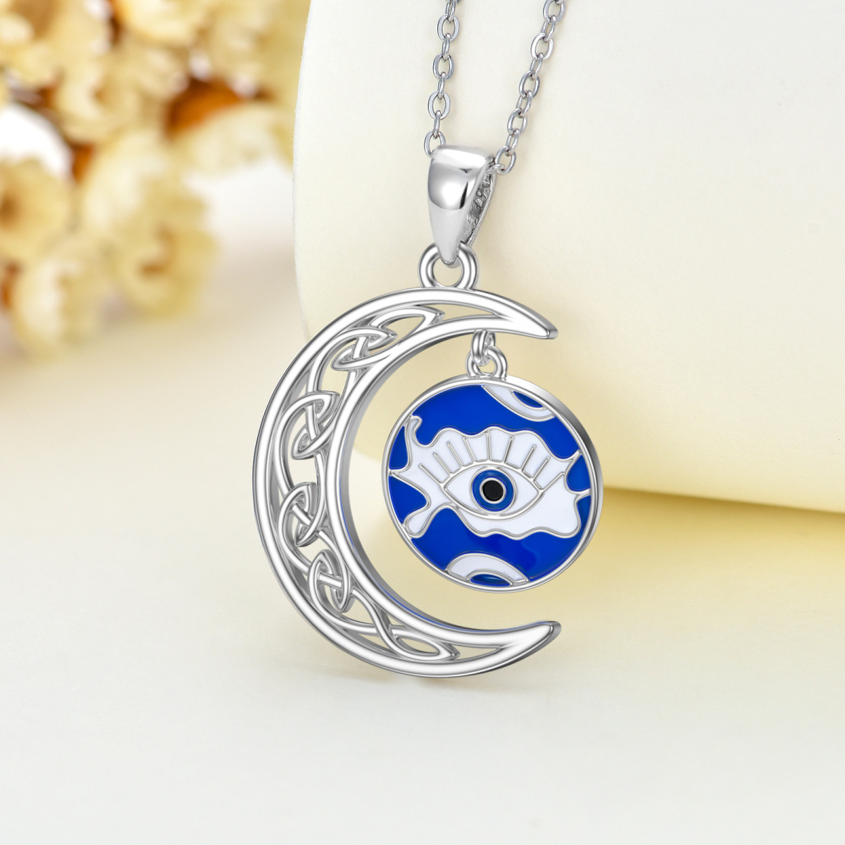 Sterling Silver Evil Eye & Moon Pendant Necklace-4