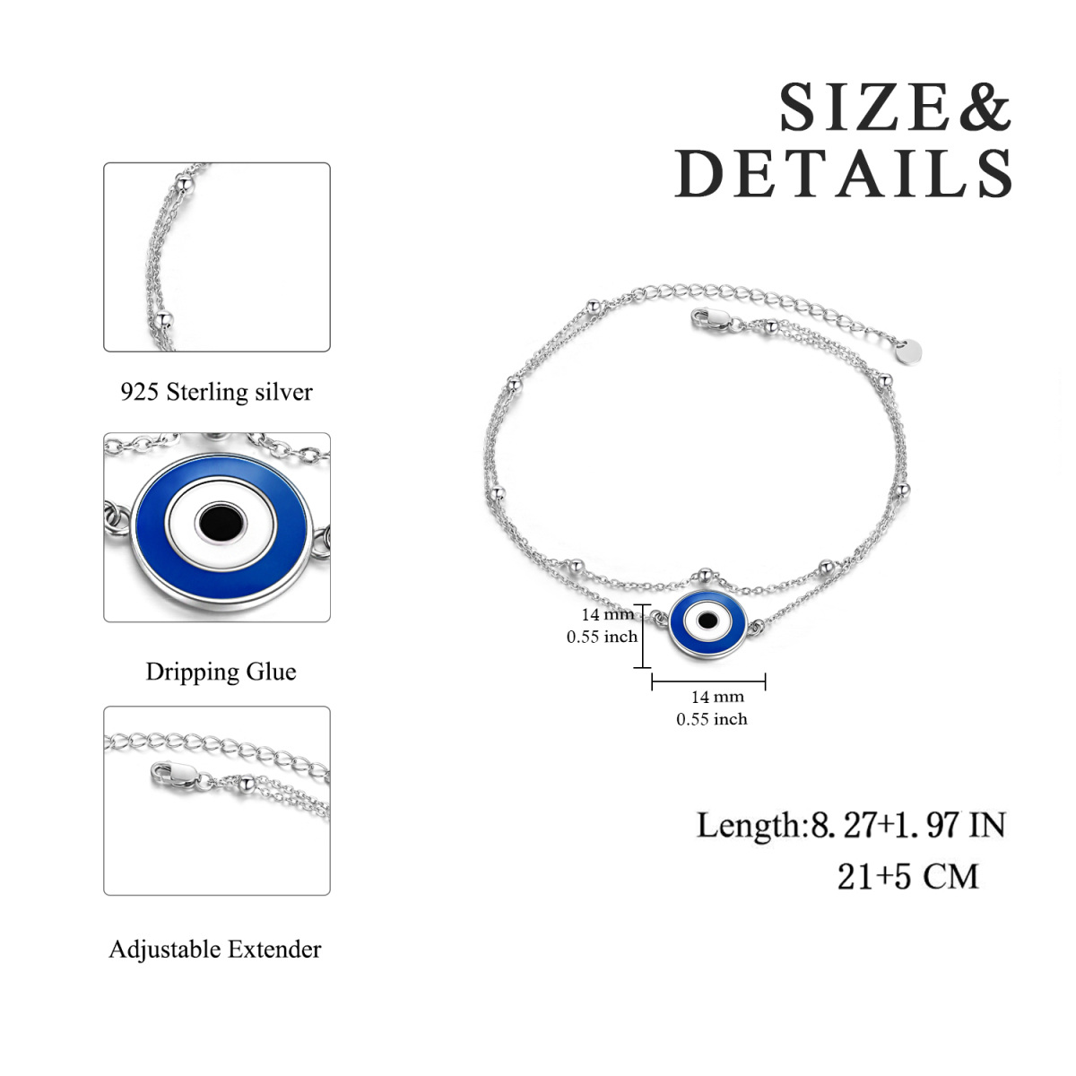 Sterling Silver Evil Eye Multi-layered Anklet-5