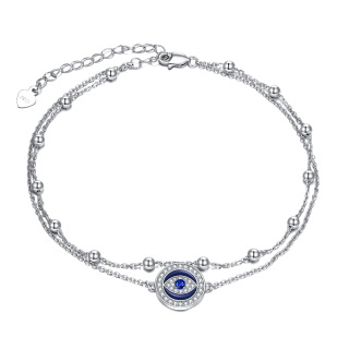 Sterling Silver Cubic Zirconia Evil Eye Multi-layered Anklet-14