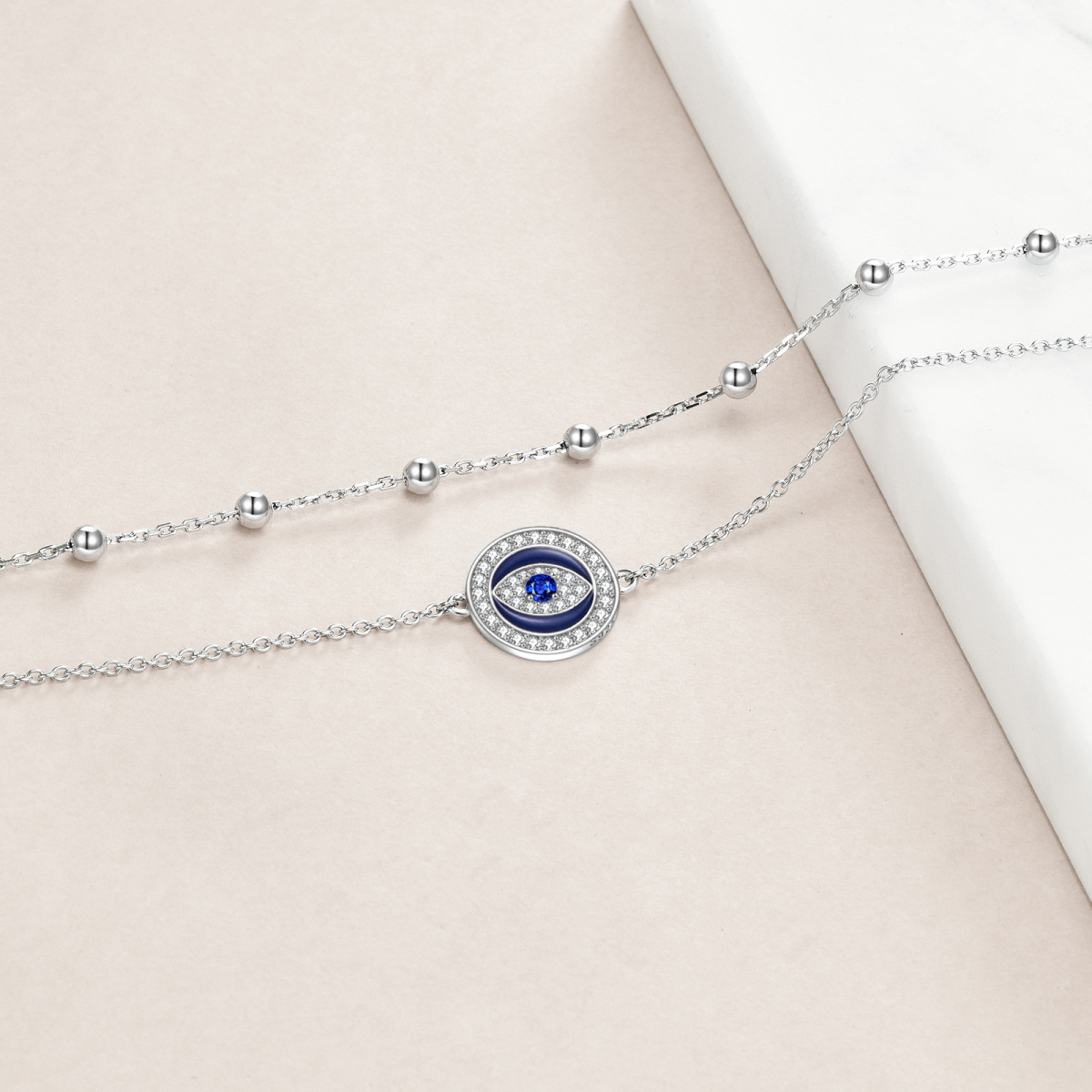 Sterling Silver Cubic Zirconia Evil Eye Multi-layered Anklet-4