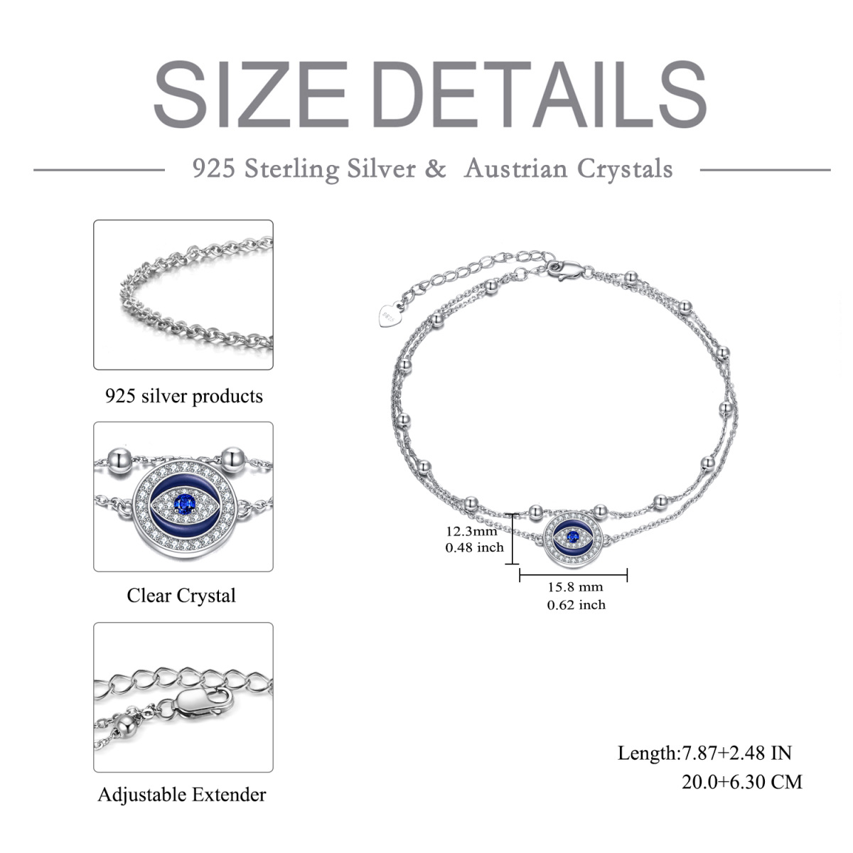 Sterling Silver Cubic Zirconia Evil Eye Multi-layered Anklet-5