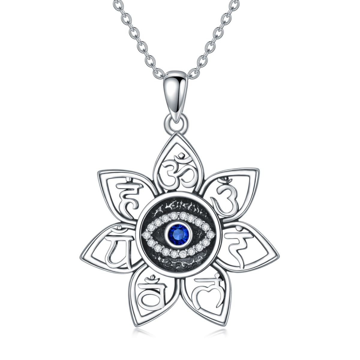 Sterling Silver Cubic Zirconia Evil Eye Ohm Lotus Pendant Necklace-1