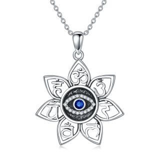 Sterling Silver Cubic Zirconia Evil Eye Ohm Lotus Pendant Necklace-2