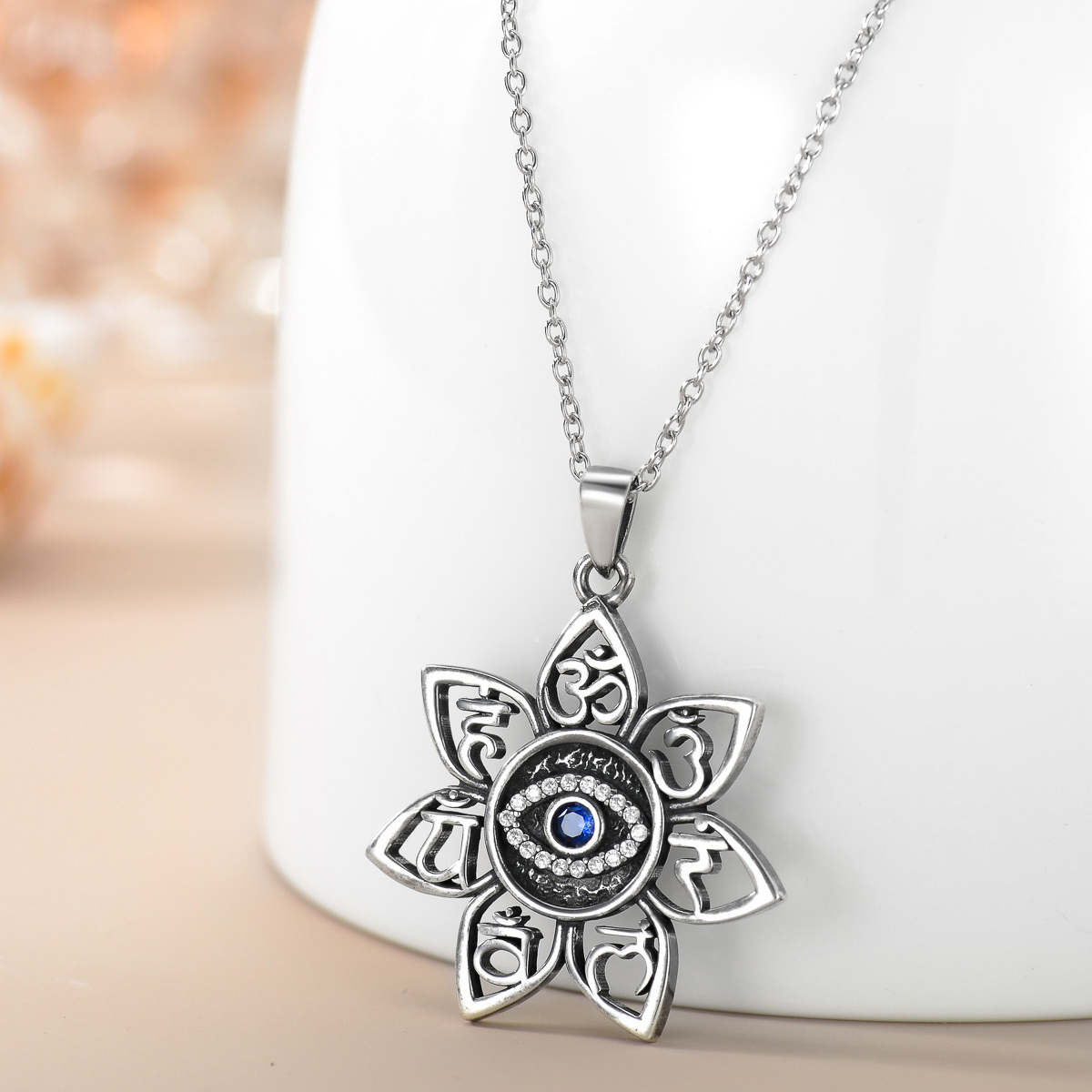 Sterling Silver Cubic Zirconia Evil Eye Ohm Lotus Pendant Necklace-3