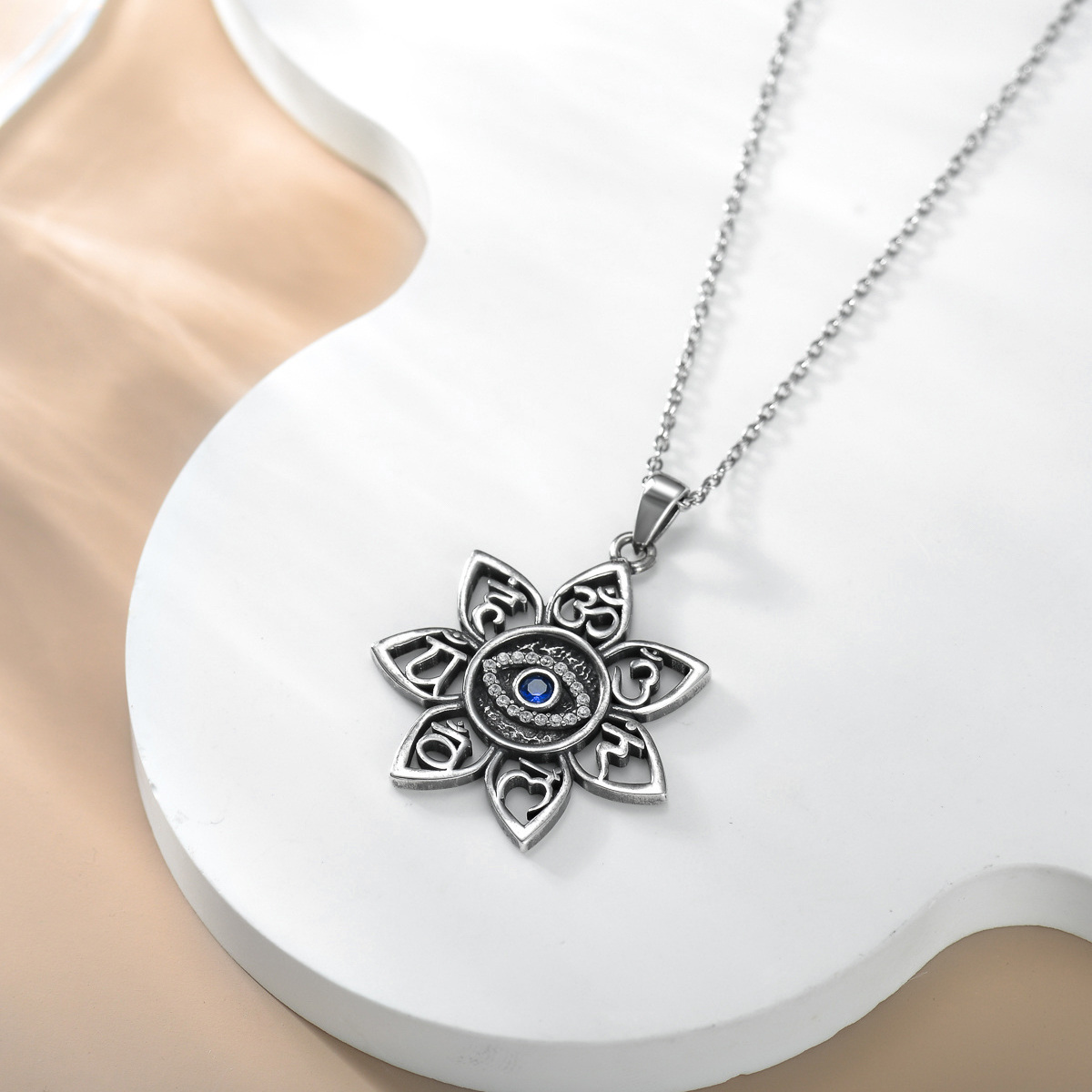 Sterling Silver Cubic Zirconia Evil Eye Ohm Lotus Pendant Necklace-4