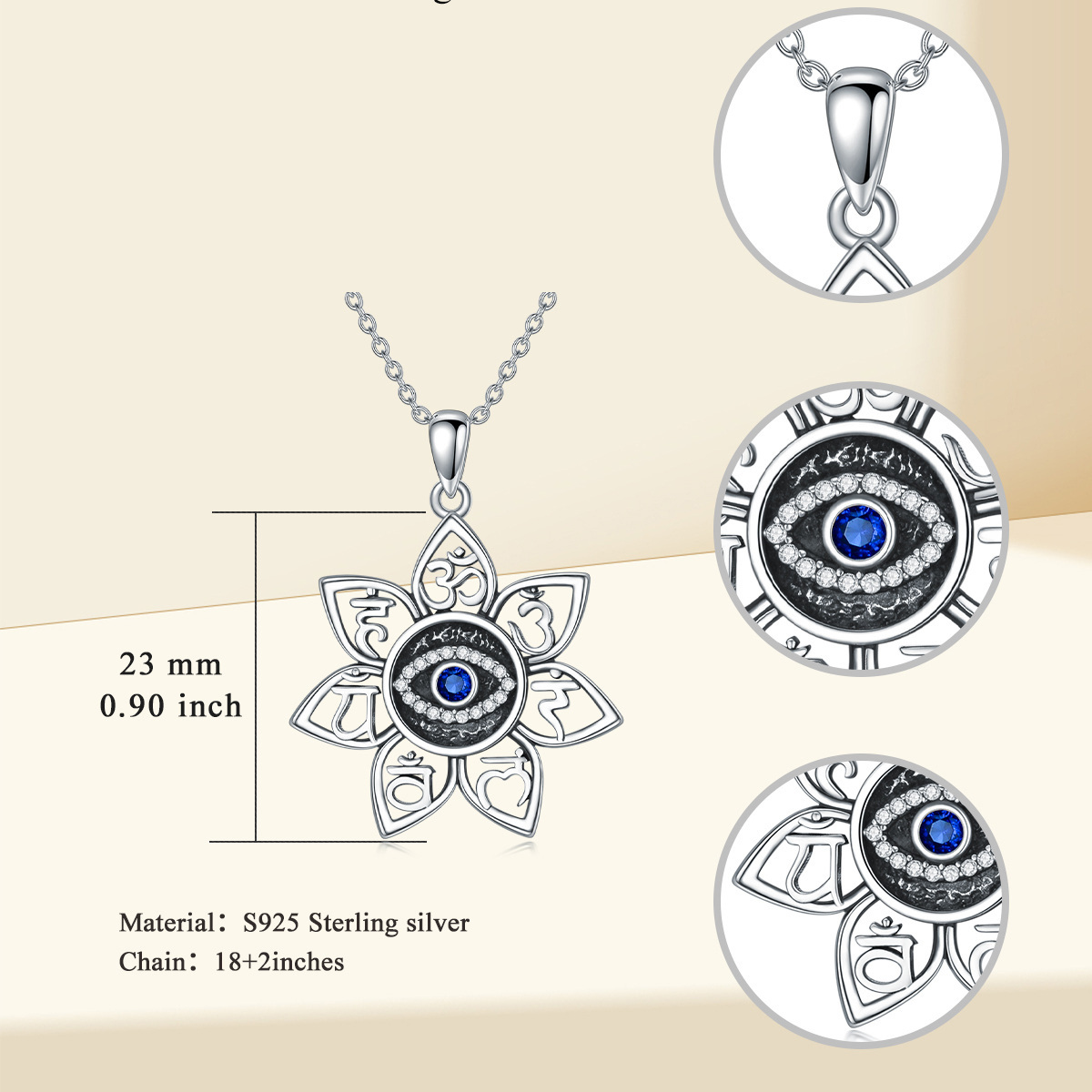 Sterling Silver Cubic Zirconia Evil Eye Ohm Lotus Pendant Necklace-5