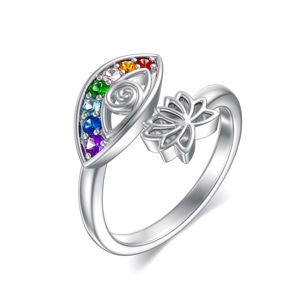 Offener Ring aus Sterlingsilber mit Zirkonia und Lotusblüte und bösem Blick-1