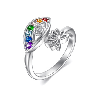 Sterling Silver Cubic Zirconia Lotus & Evil Eye Open Ring-32