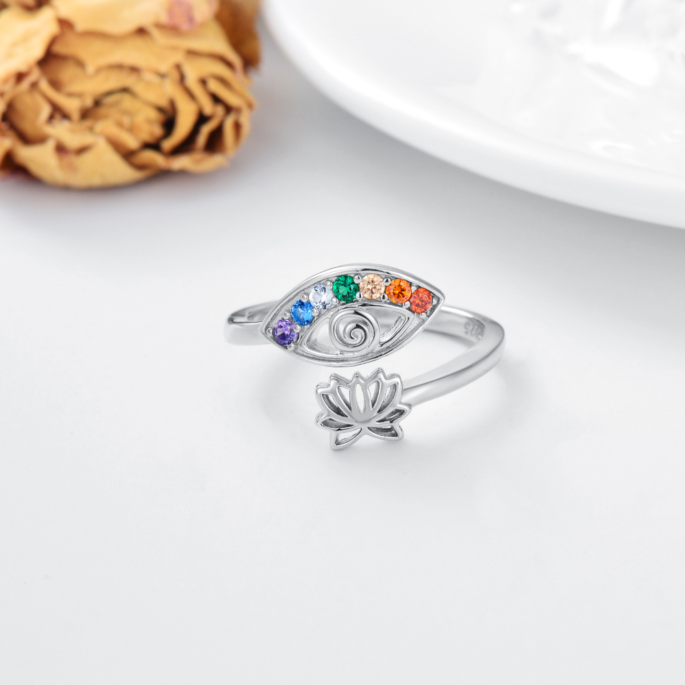 Offener Ring aus Sterlingsilber mit Zirkonia und Lotusblüte und bösem Blick-3