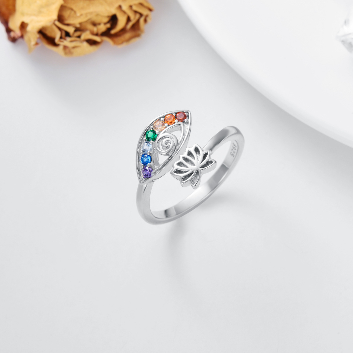 Sterling Silver Cubic Zirconia Lotus & Evil Eye Open Ring-4