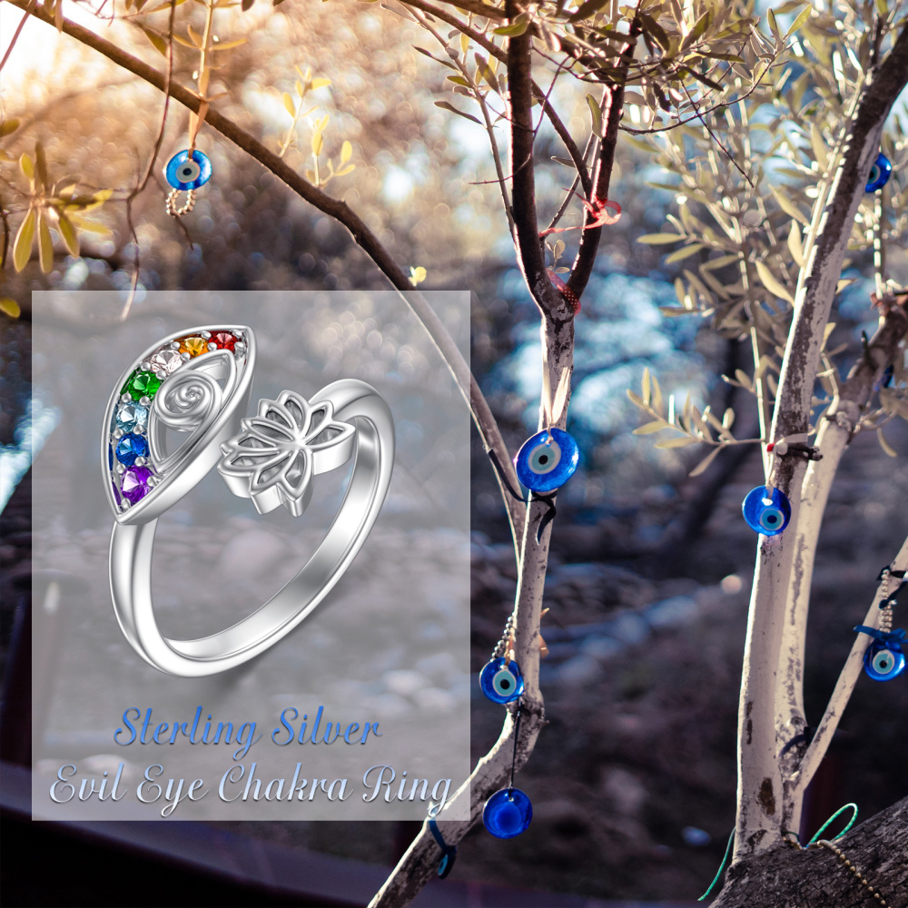 Offener Ring aus Sterlingsilber mit Zirkonia und Lotusblüte und bösem Blick-5