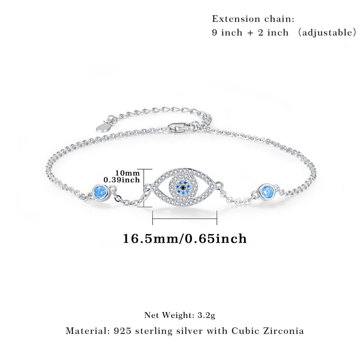 Sterling Silver Cubic Zirconia Evil Eye Single Layer Anklet-7