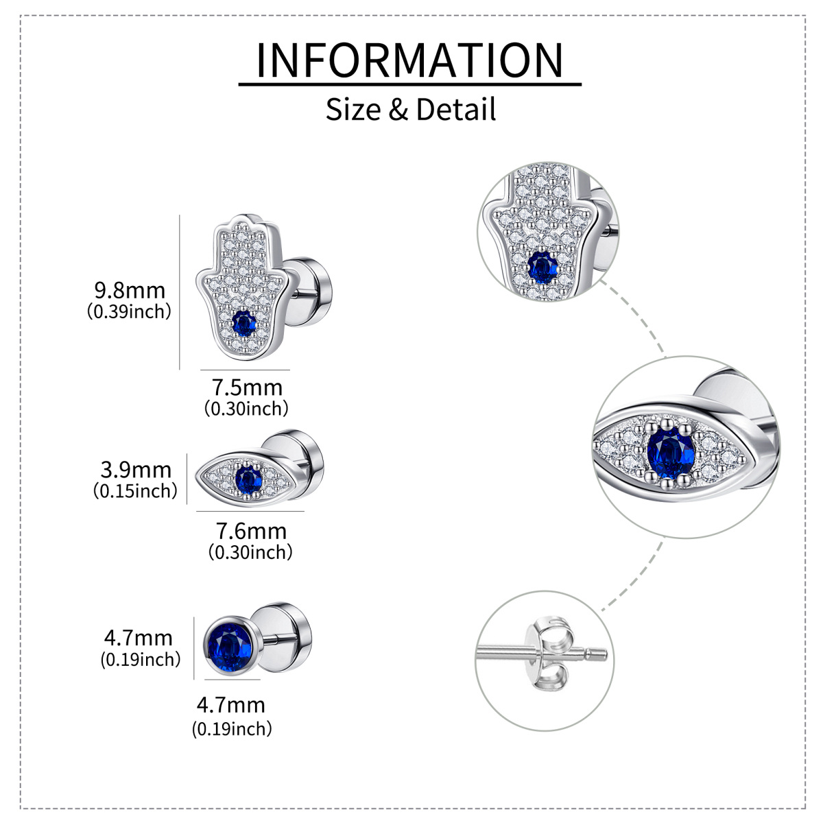 Boucles d'oreilles à tige en argent sterling et oxyde de zirconium contre le mauvais œil-5