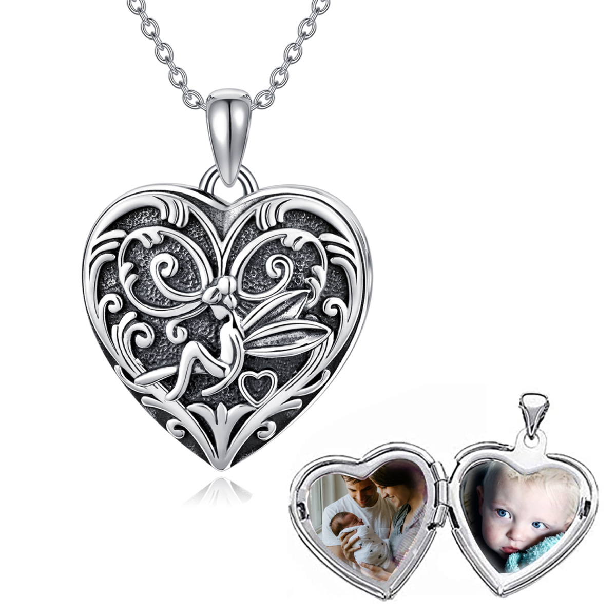 Plata de Ley Corazón de Hada Personalizado Grabado y Foto Colgante Collar-1