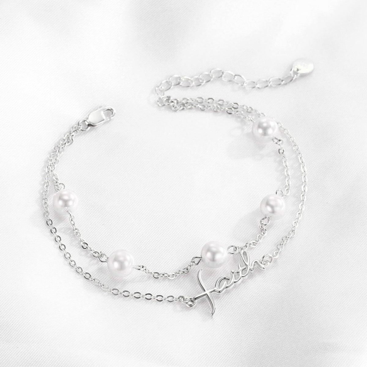 Sterling Silver Faith Pearl Layerered Bracelet for Girls Women-4