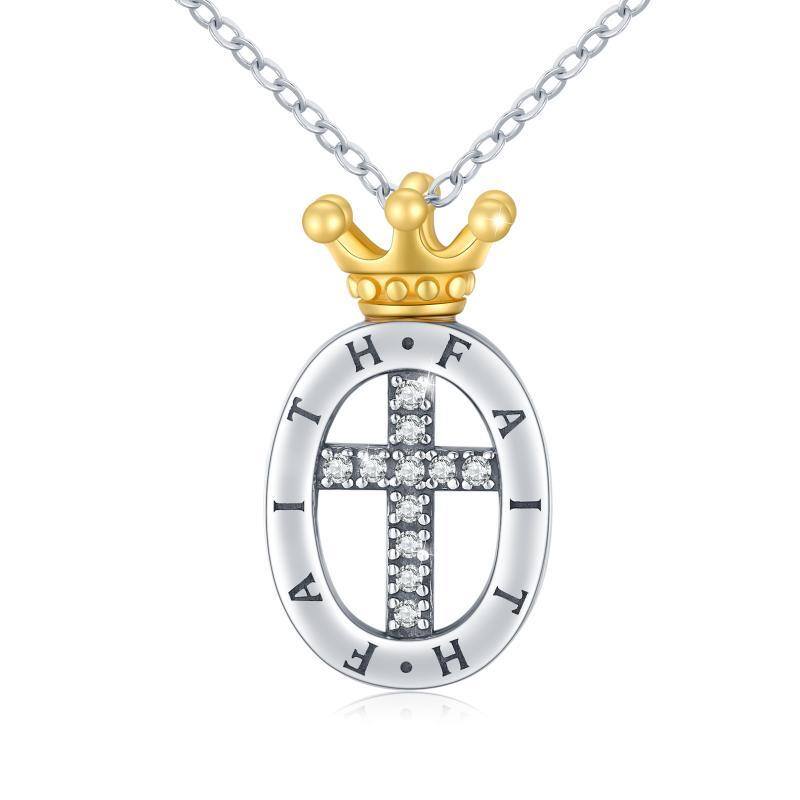 925 Sterling Silver Faith Religious Cross With Crown Necklace-1