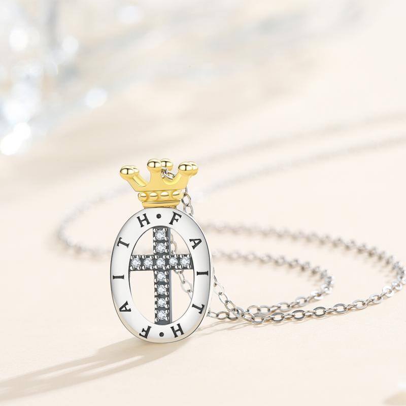 925 Sterling Silver Faith Religious Cross With Crown Necklace-2