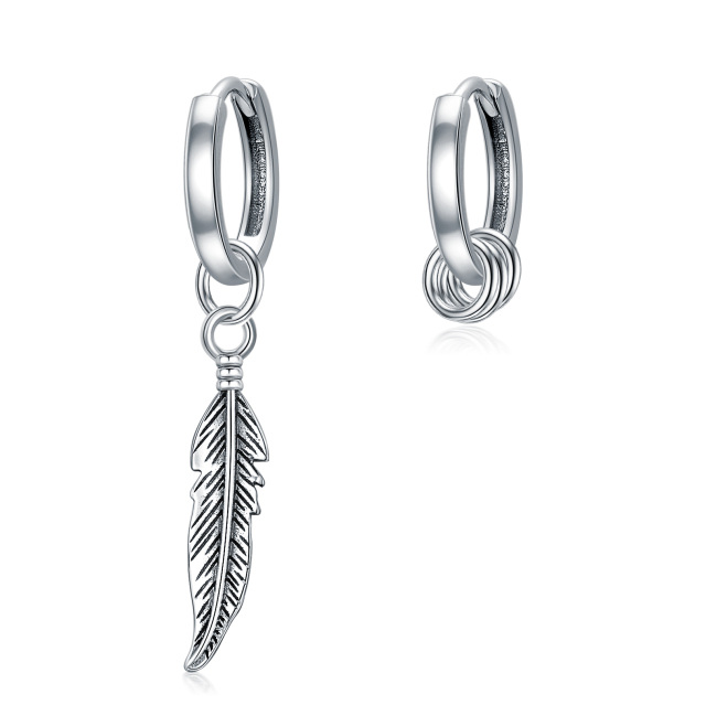 Sterling Silver Feather Hoop Drop Earrings for Women Men-1