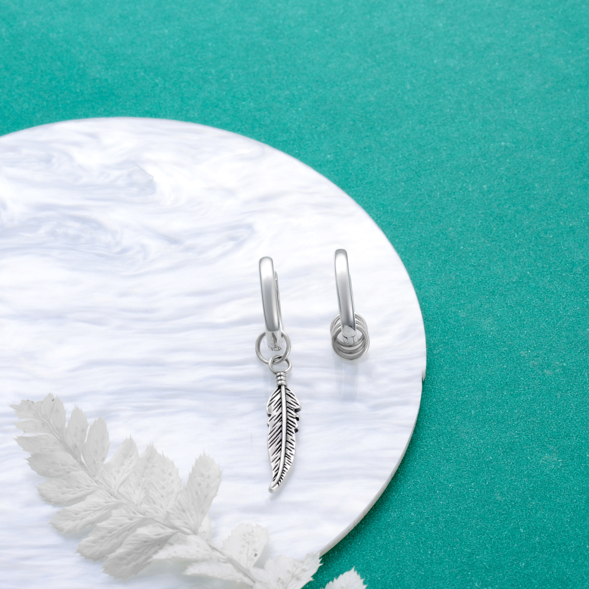 Sterling Silver Feather Hoop Drop Earrings for Women Men-3