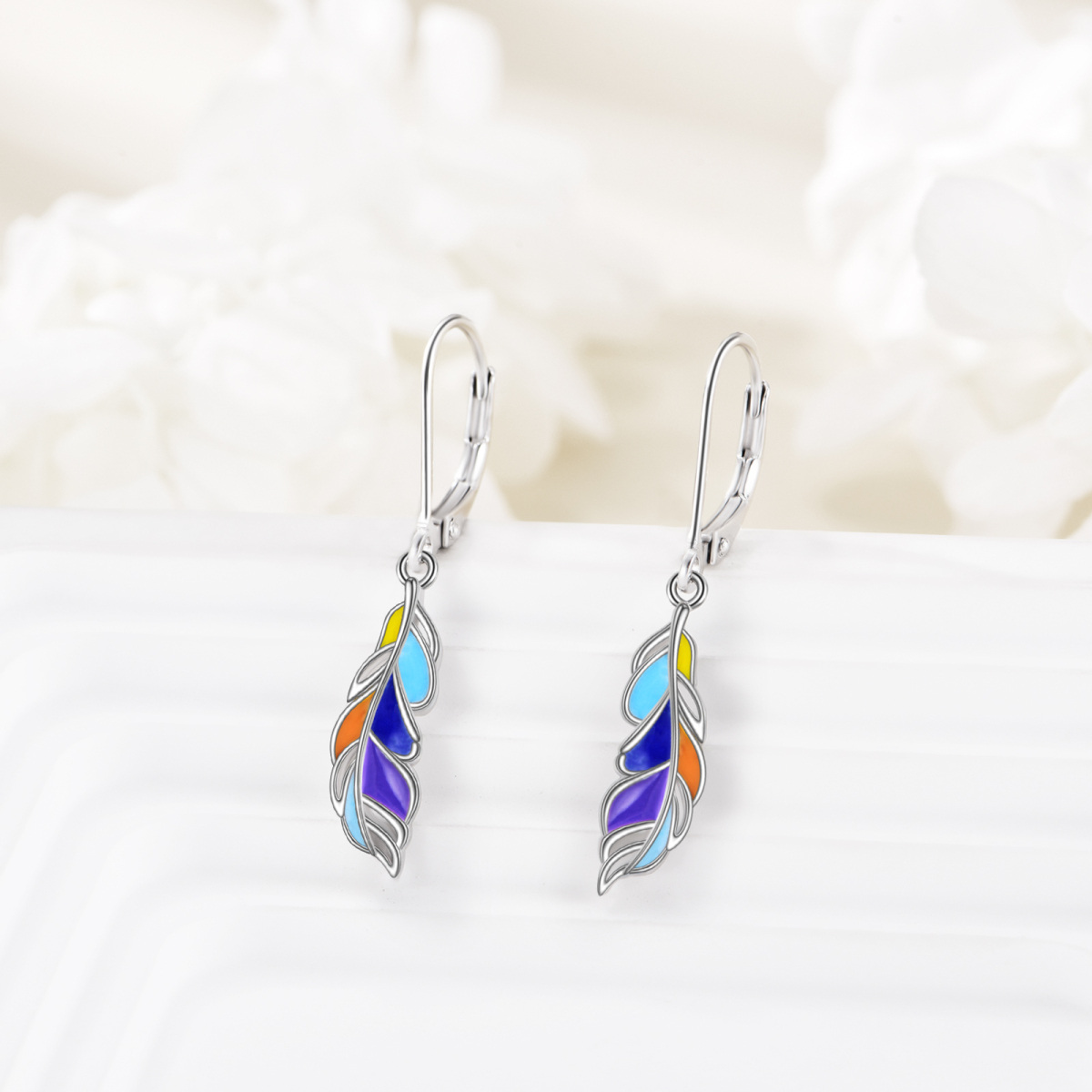 Sterling Silver Feather Lever-back Earrings-3